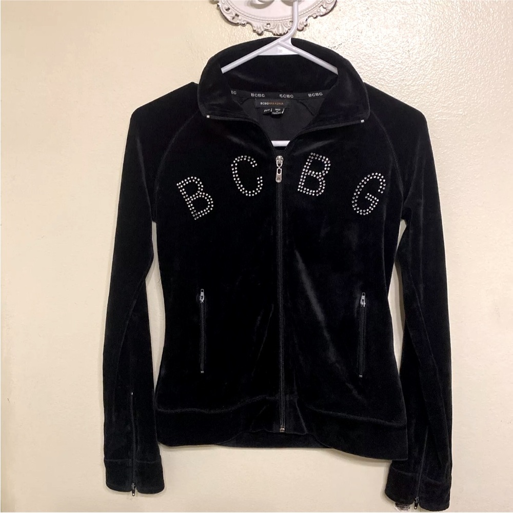 BCBG Max Azria Y2K Black Velour Logo Embellished Track Jacket Size P/S 2000s